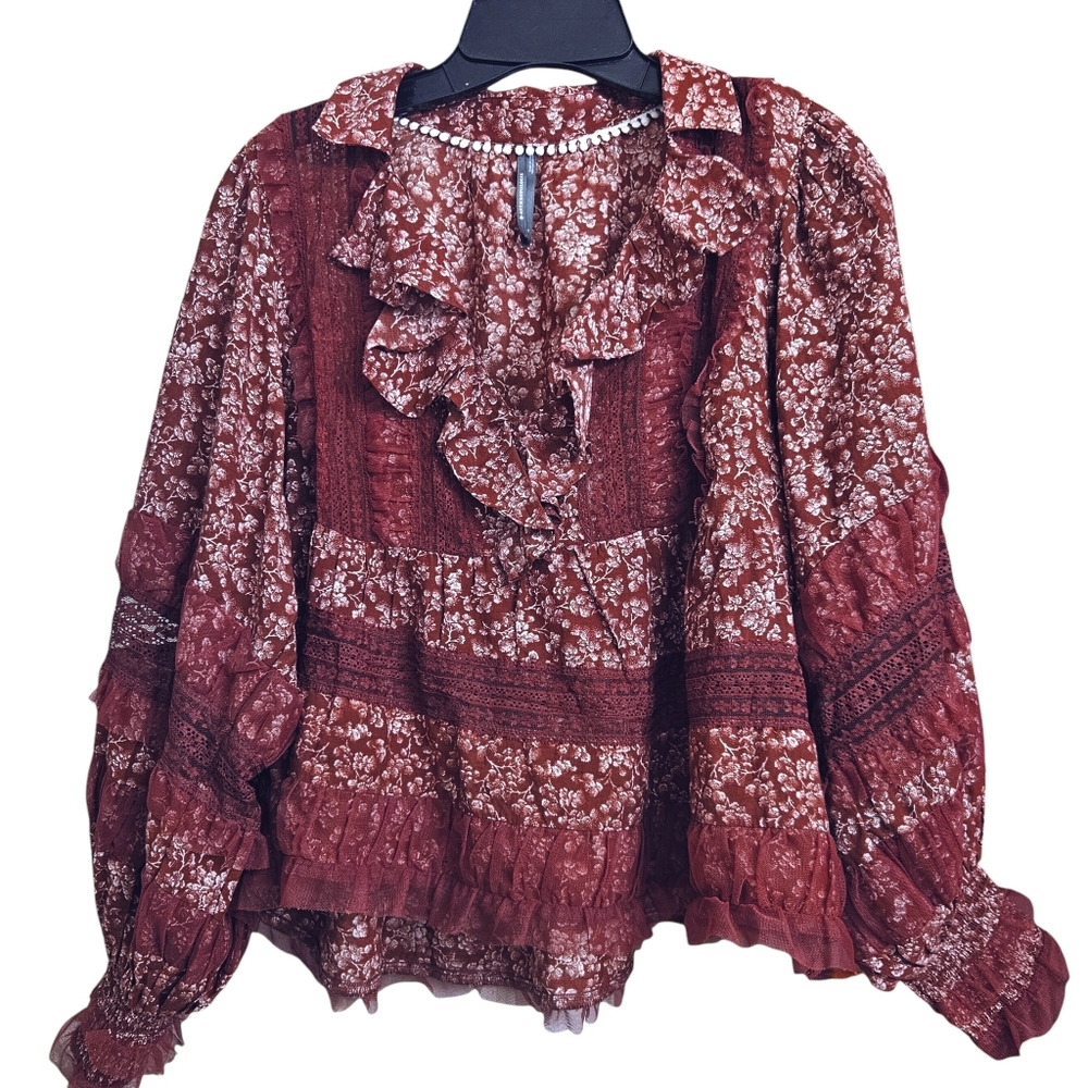 By Anthropologie Ruffled V Neck Floral Popover Blouse Lace Trim Size XS - Picture 3 of 8